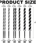 Front view of eight 12-inch wood auger drill bits with quick-change 1/4-in hex shank, sizes 1/4 to 7/8 in, tri-flute 3-cutter design.