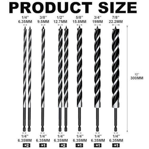 Front view of eight 12-inch wood auger drill bits with quick-change 1/4-in hex shank, sizes 1/4 to 7/8 in, tri-flute 3-cutter design.