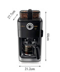 Front view of High Power 1000W Drip Coffee Maker With Built In Grinder Double Bean Trays Insulation System Timed Brew, Black