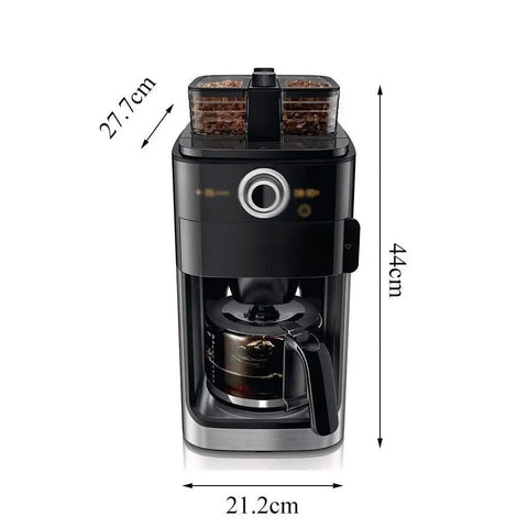 Front view of High Power 1000W Drip Coffee Maker With Built In Grinder Double Bean Trays Insulation System Timed Brew, Black