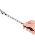 Hand holding 3/8 Inch Drive Flex Head Long Ratchet With Comfort Grip Non Quick Release 180 Degree Swivel 9 Detent Angles 90 Tooth Gear