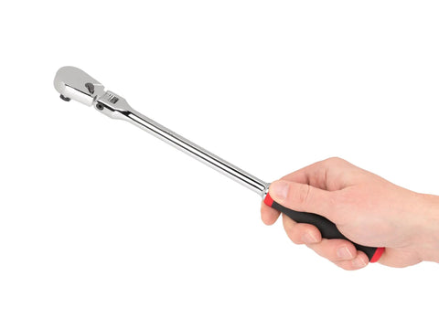 Hand holding 3/8 Inch Drive Flex Head Long Ratchet With Comfort Grip Non Quick Release 180 Degree Swivel 9 Detent Angles 90 Tooth Gear