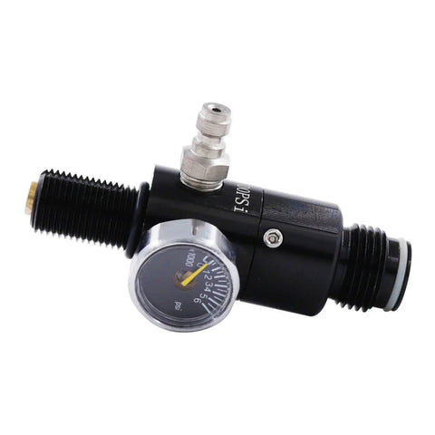 4500 PSI Paintball Air Tank Regulator And Gauge, black durable aluminum body, M18x1.5 output, pro grade, side view
