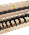 Top Shelf Carbide Forstner Drill Bit Set Six Piece Woodworking Kit in wooden case with serrated cutting rings and hex shanks.