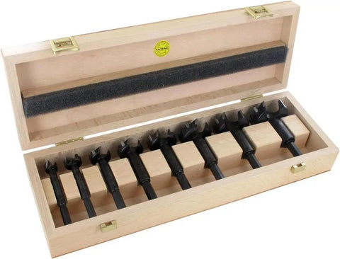 Top Shelf Carbide Forstner Drill Bit Set Six Piece Woodworking Kit in wooden case with serrated cutting rings and hex shanks.