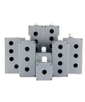 Six grey aluminum industrial push-button switch control boxes with 22mm holes and white caps