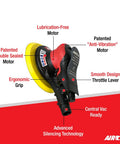 Diagram of Central Vac Orbital Palm Sander 11,000 RPM With Anti-Vibration Lubrication-Free Air Motor, highlighting features.