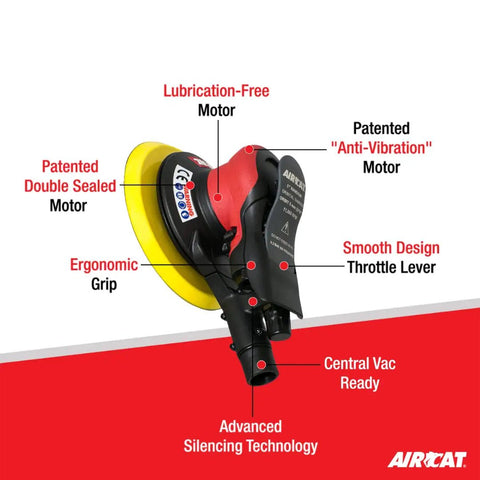 Diagram of Central Vac Orbital Palm Sander 11,000 RPM With Anti-Vibration Lubrication-Free Air Motor, highlighting features.