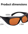 Professional Grade Kickass Laser Safety Glasses With Hella Od5 Plus Eye Defense Across One Hundred Ninety To Eleven Hundred Nanometer Wavelength Range For Spa Studios And Beauty Clinics In Classic Orange Lens showing dimensions 6.02in x 6.23in x 1.18in.