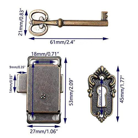 Top Shelf Antique Iron Cabinet Lock For Tiny Curio Showcases And Dashing Keepsake Jewelry Boxes Including Rustic Vintage Keys, dimensions shown
