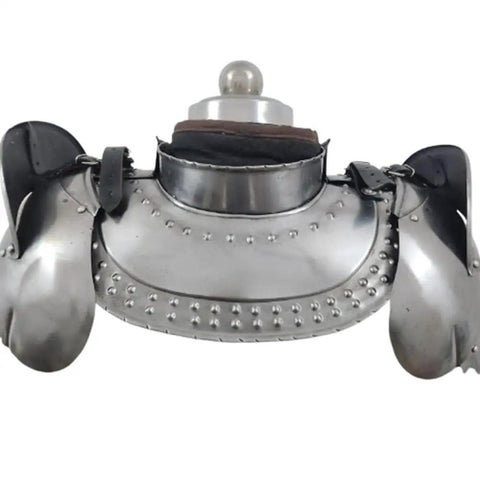Iron Armor Gorget Set With Pauldrons And Spaulders For Medieval Cosplay, Steel Finish Costume Armor Shield For Shoulder And Neck