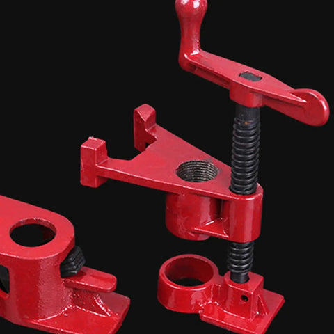 Heavy Duty 1/2 Inch Pipe Clamp Set With Rubber Padded Sleeves, red steel clamps for woodworking joints and frame builds.