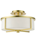Two Light Satin Brass Stylish Semi Flush Ceiling Light With Off White Hardback Fabric Shade From Wesley Collection, close-up view.