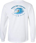 Back view of In The Curl Logo Men's Long Sleeve Heavy Cotton Tee White Size XL Surf Style with surfer graphic and text "Living the Wave."