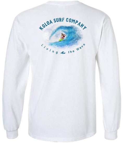 Back view of In The Curl Logo Men's Long Sleeve Heavy Cotton Tee White Size XL Surf Style with surfer graphic and text "Living the Wave."