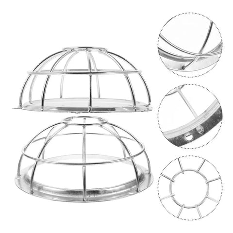 Heavy Duty Stainless Steel Sprinkler Head Protectors, two cage guards with detailed views for fire sprinkler ceiling mounts.