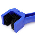 Close-up of blue brush from All In One 3 Piece Bike And Motorcycle Chain Cleaner Set With Degreaser Brush For Bicycle And Dirt Bike.