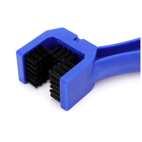 Close-up of blue brush from All In One 3 Piece Bike And Motorcycle Chain Cleaner Set With Degreaser Brush For Bicycle And Dirt Bike.