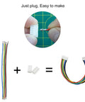 Pre-crimped wires and pin housing in 2.54mm JST Connector Kit with Plug and Play setup.