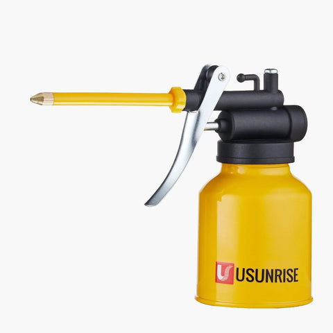 Yellow dual spout metal pump oiler for cars and bikes