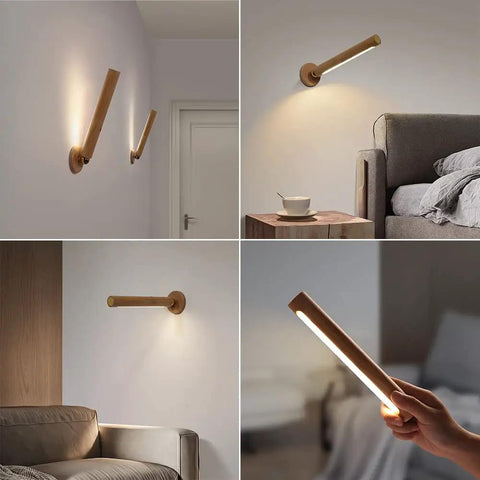 Rechargeable Battery Operated Wall Sconce Night Light with 360 Degree Rotating Magnetic Ball shown in various settings.