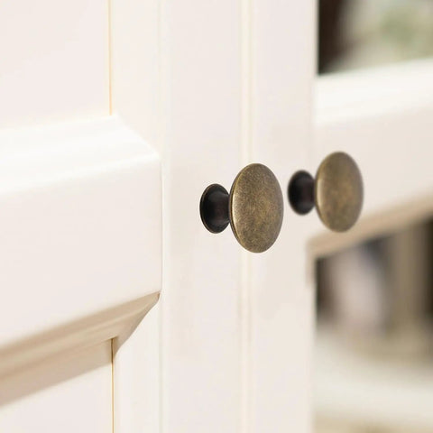 32 Piece Antique Brass Cabinet Knobs Set For Cabinets And Drawers, round single hole, classic dresser knob on white cabinet