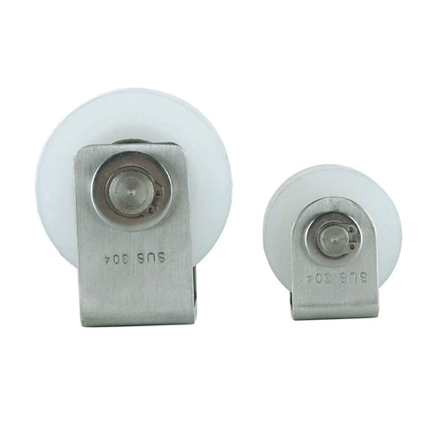 Front view of Groove Track Wheel Sliding Door Roller, Heavy Duty Nylon Castor With 304 Stainless Steel Bracket, Rugged Beefy Barn Door Caster, 2 Pack.