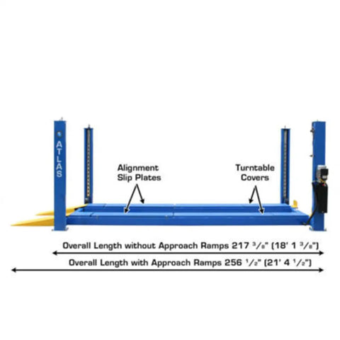 Commercial 4 Post Vehicle Alignment Lift With Heavy Duty Rotating Platforms And Secure Grip Flooring designed for daily use, shown with measurements.