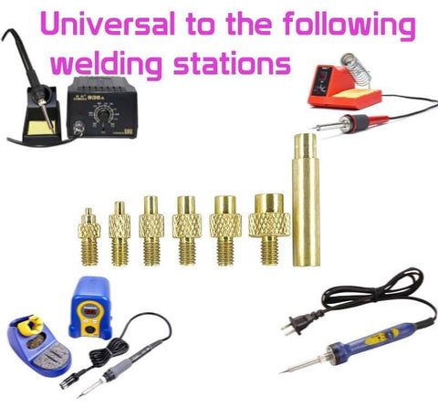 Heat Set Brass Threaded Inserts Kit For 3D Printing, Knurled Female Nuts M2 Through M6 With Heat Set Tips shown with welding stations