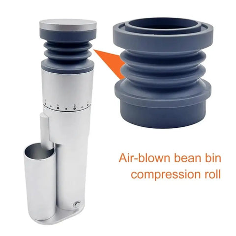 Heavy Duty Coffee Grinder Air Blow Bellow Compatible With Single Dose Hoppers Quick Press Cleanup Tool showing the air-blown bean bin compression roll.