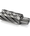 Side view of annular cutter with Weldon shank, 1-1/4 in cutting diameter, metallic finish