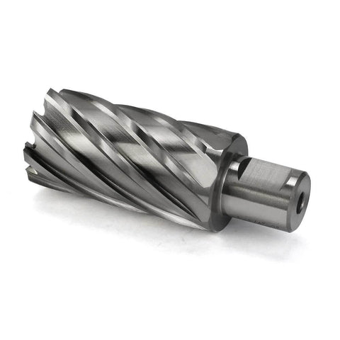 Side view of annular cutter with Weldon shank, 1-1/4 in cutting diameter, metallic finish