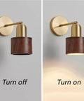 Walnut Wood Wall Sconce With Brass Arm Rotatable Head And Adjustable Cylinder Shade, light off and on view.