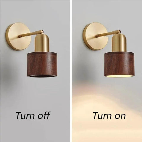 Walnut Wood Wall Sconce With Brass Arm Rotatable Head And Adjustable Cylinder Shade, light off and on view.
