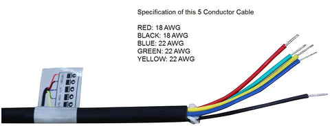 25 Foot Extension 5 Conductor Gate Opener Cable With Original Core Wire, showing color-coded wires and specs for swing gate actuator connections.