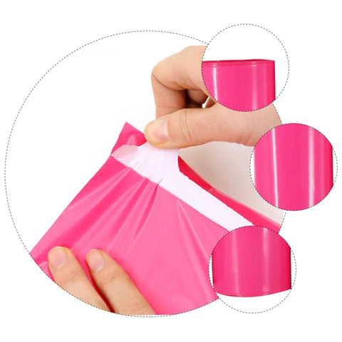 Close-up of Pink Thickened Waterproof Packaging Bags 17x30cm 100 Pack, showing tear-resistant self-seal feature for mailing