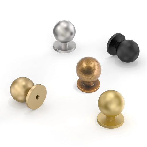 Matte Black Round Kitchen Cabinet Knobs And Drawer Knobs Set, 10 Pack displayed with various metal finishes, easy install, durable