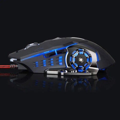 Straight Up Solid Wired Keyboard And Mouse Combo Featuring Backlit Retro Keycaps And Hella Responsive Floating Switches Delivers Mechanical Style USB Pc Laptop Setup Built For Gaming Or Daily Tasks - side view of gaming mouse with blue LED lights.