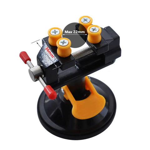 Universal Mini Suction Vise Clamp With 360 Degree Rotation featuring suction base and jaw measurements, ideal for precision work.