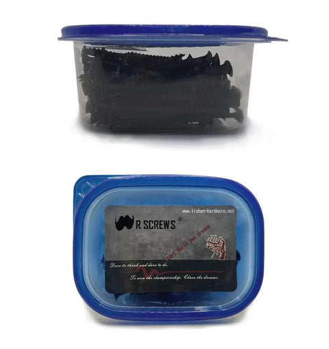Tough As Nails Size 8 X 1-1/4 Inch Drywall And Wood Screws 200 Piece Pack in plastic container, black phosphate coated, flat truss head.