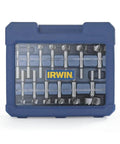 IRWIN Marples Forstner bit set in blue plastic case, 14-piece carbon steel wood drill bits, front view