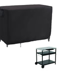 Outdoor 46 Inch Grill Cart Cover Waterproof Prep Table Cover For Stainless Steel Carts And Metal Tables Rectangular Patio Shield Weatherproof BBQ Equipment Protector 46 Inch Long 25 Inch Wide 40 Inch High covering a grill cart and a separate view of an uncovered cart