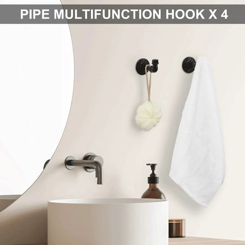 Black pipe hooks with towel and sponge from Industrial Style 10 Piece Bathroom Hardware Set Boss Black Finish Includes 18 Inch And 25 Inch Towel Bars Round Towel Ring Dual Toilet Paper Holders Four Robe Hooks Wall Mounted Bath Kit.