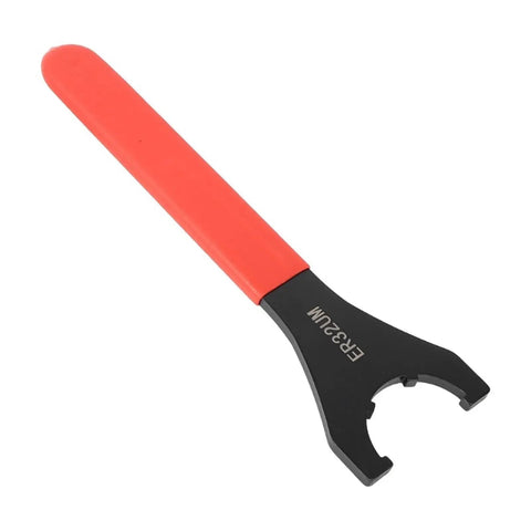 Premium High Carbon Steel Clamping Nut Wrench For ER32 Collet Chuck Spanner With Comfort Grip Ergonomic Handle, showing red handle.