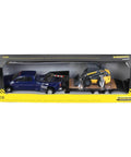 1/32 Scale Ram 3500 Dually Quad Cab With Lowboy Trailer And New Holland L230 Skid Steer Farm Toy Set in packaging