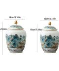 Top Shelf Premium Ceramic Airtight Tea Canister For Loose Leaf And Roasted Coffee Storage With Classic Chinese Landscape Motif, size dimensions 14cm and 22cm.