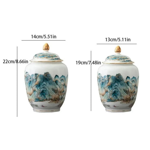 Top Shelf Premium Ceramic Airtight Tea Canister For Loose Leaf And Roasted Coffee Storage With Classic Chinese Landscape Motif, size dimensions 14cm and 22cm.
