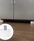 Smooth Operator Fridge Leveling Feet Polyurethane Round Foot Pads under a refrigerator, showing universal appliance lift stabilizer design.