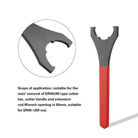 58mm ER40UM Collet Chuck Spanner Wrench for Lathe and CNC Milling Tools, red handle, used for tightening or removing cutter bars.