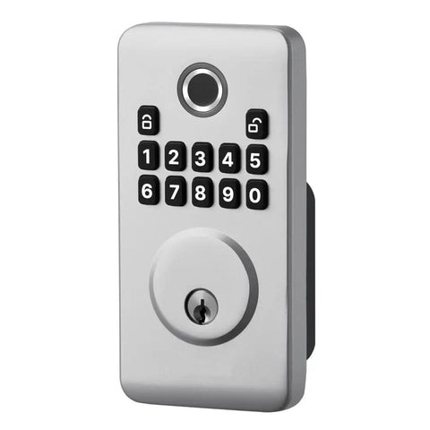 Hassle Free Fingerprint Door Lock With Silver Biometric Deadbolt And Auto Locking For Rapid Keyless Entry with keypad.